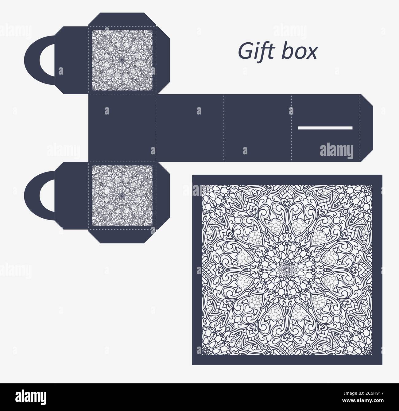 Openwork gift paper box with a handle.Greeting packaging with lace pattern. Packing, Pattern suitable for laser cutting, plotter cutting or printing. Stock Vector