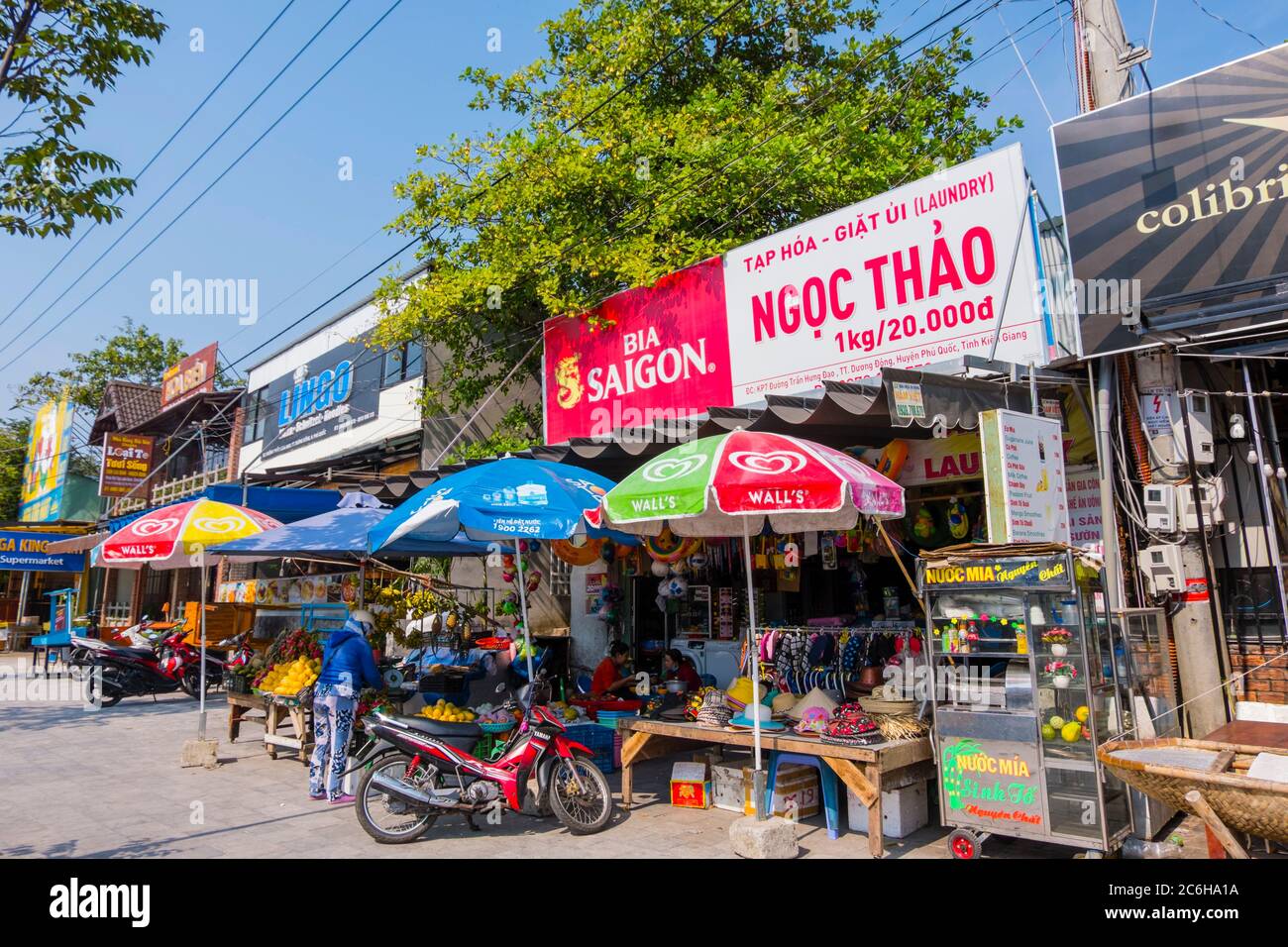 shops, Duong Tran Hung Dao, main street, Duong Dong, Phu Quoc island, Vietnam, Asia Stock Photo