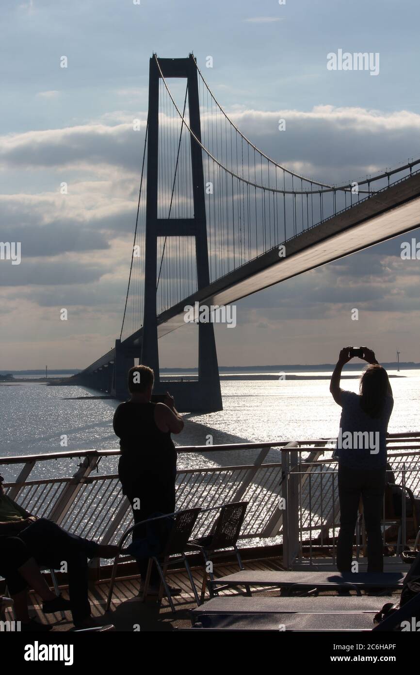 Passing Sjaellands Bridge spanning over the Store Belt between Nyborg and Korsoer, Denmark Stock Photo