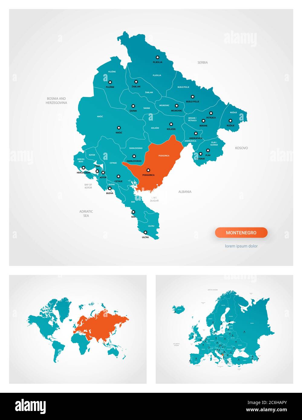 Editable Template Of Map Of Montenegro With Marks Montenegro On World Editable Template Of Map Of Montenegro With Marks Montenegro On World Map And On Europe Map 2C6HAPY