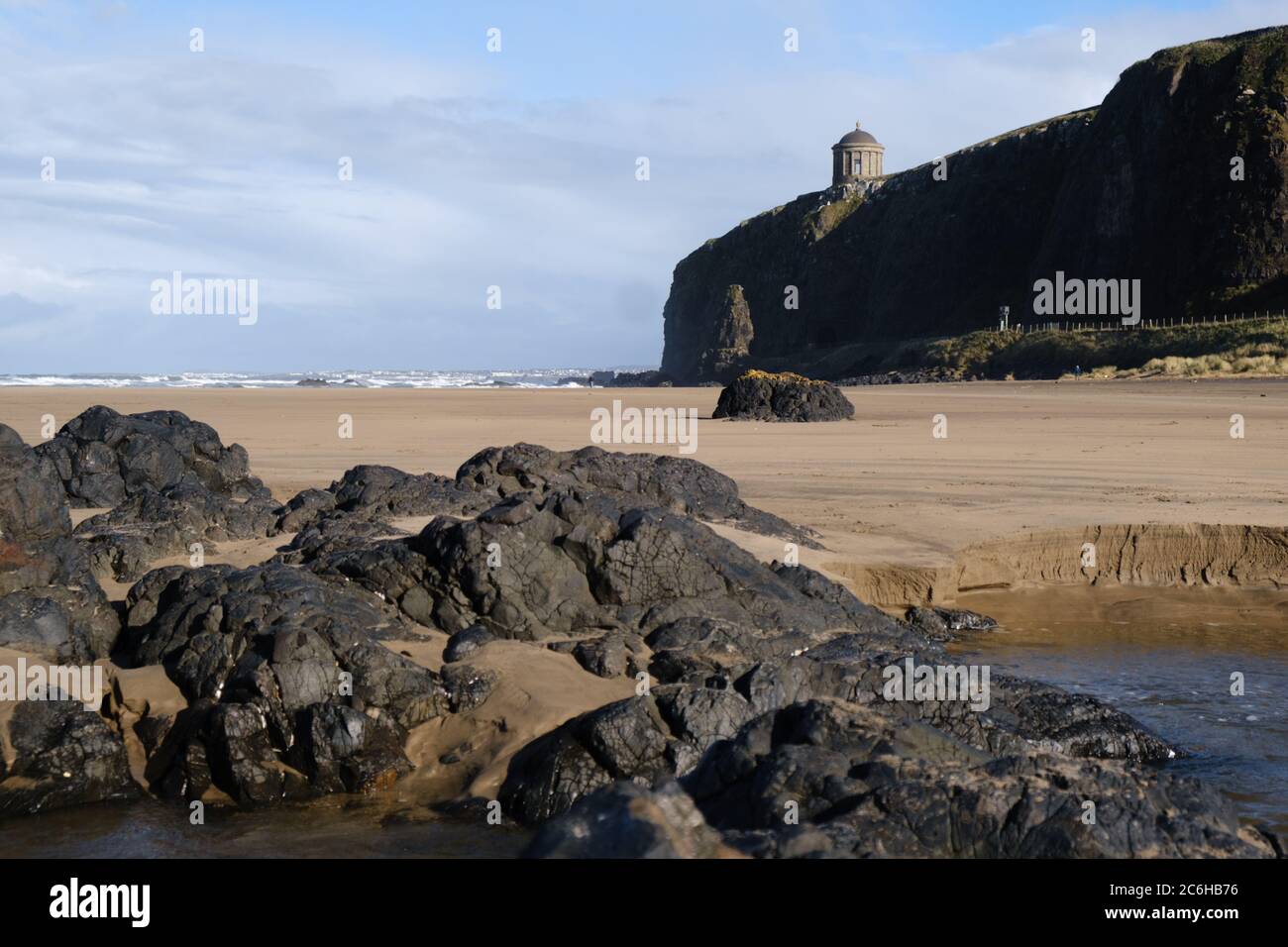 View across the sand at Downhill beach near Castlerock in Northern Ireland looking towards