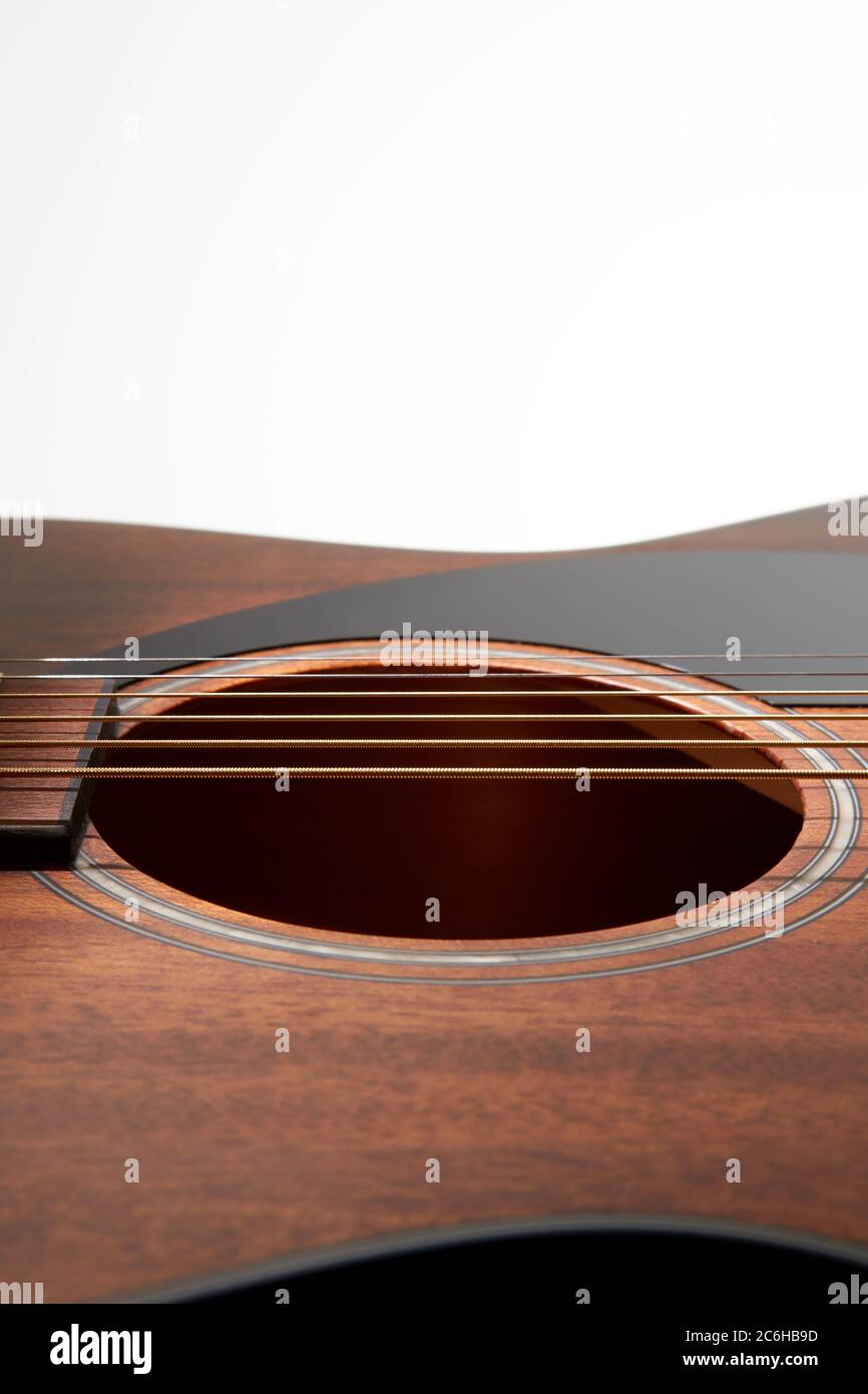 A close up of the top of a Fender acoustic guitar showing the sound