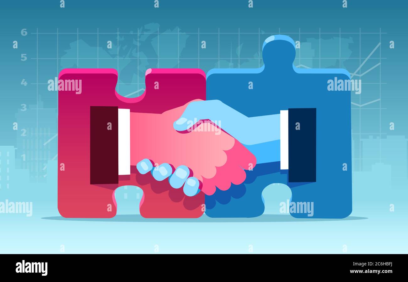 Partnership and agreement concept. Vector of two businessmen handshaking with handscoming out of puzzle pieces Stock Vector