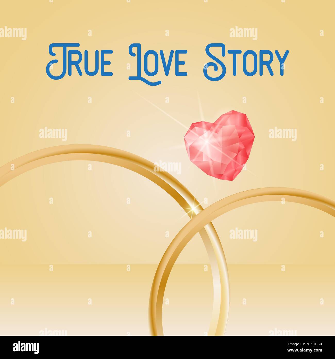 Wedding Background with gold rings, heart shaped gemstone, eps 10. True Love Story lettering Stock Vector