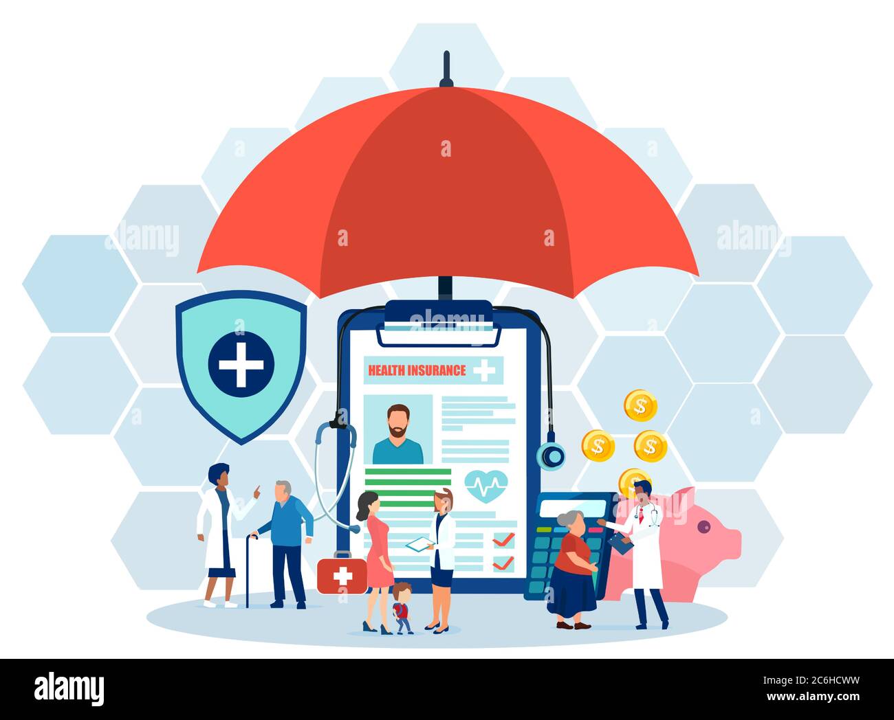 Vector of senior and young people covered by health insurance being assisted by medical staff Stock Vector