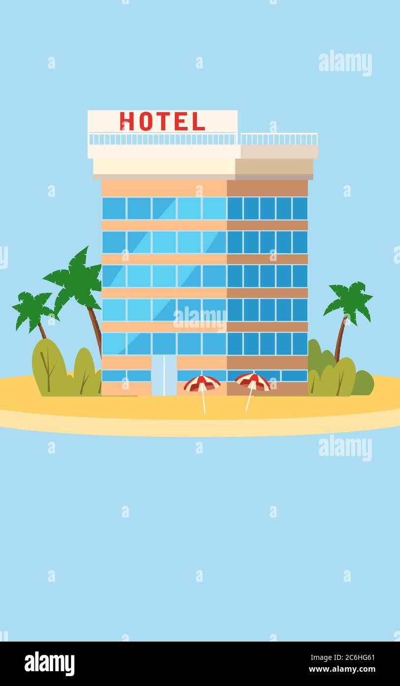 Hotel, vacation, travel, tropical island, building, palm trees, beach umbrellas, ocean, concept, template, banner, for advertising, vector Stock Vector
