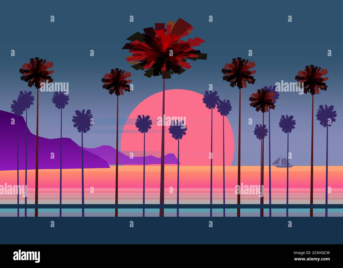 Summer vacation road, tropical beach Sunset, ocean, sea, with Palm trees ,vector illustration, poster, baner, isolated Stock Vector