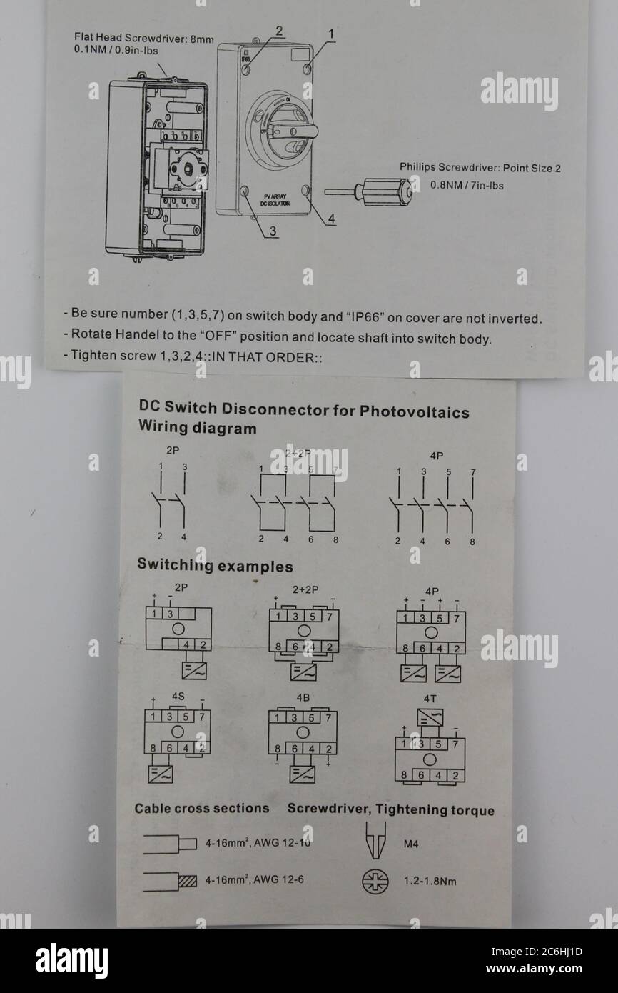 DC switch disconnector for photovoltaics wiring diagrams in English Stock Photo