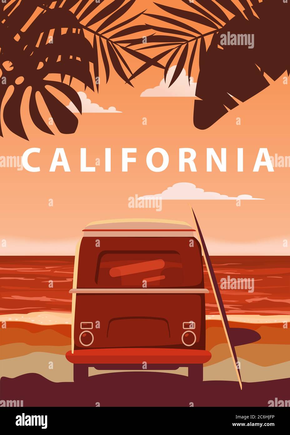 Black and Orange Surfing Art Prints. Bus, Palms, Surfboards