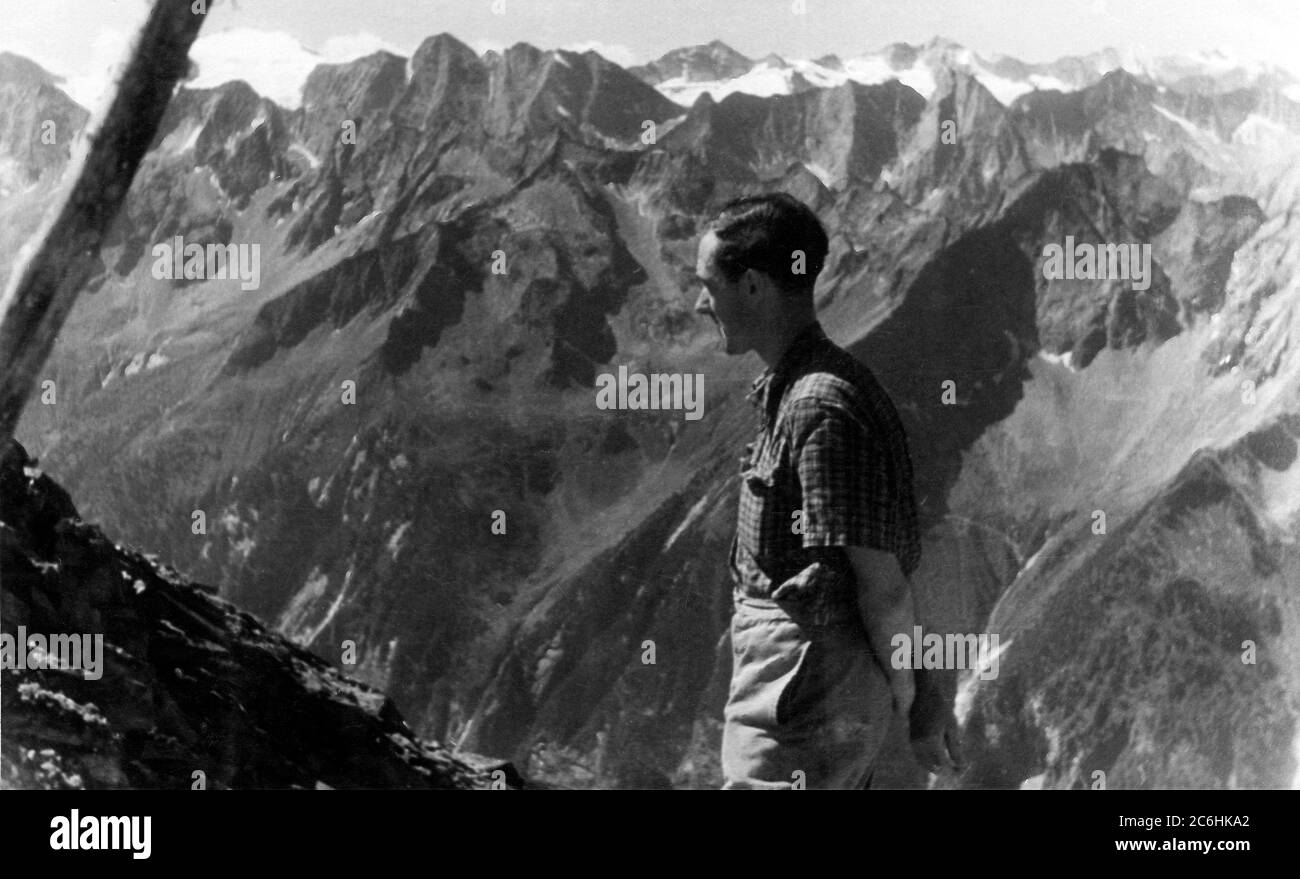 Circa 1950s. A climber in the mountains. Stock Photo