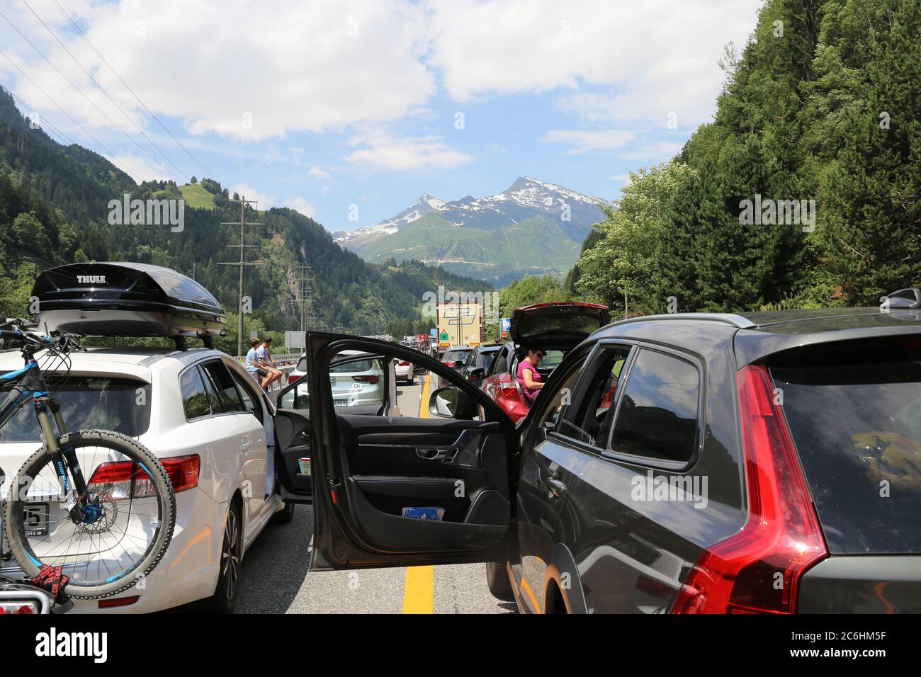 Traffic jam after an accident in the Gotthard tunnel (Motorway 2, Ticino, Switzerland, July 6, 2019), editorial use only Stock Photo