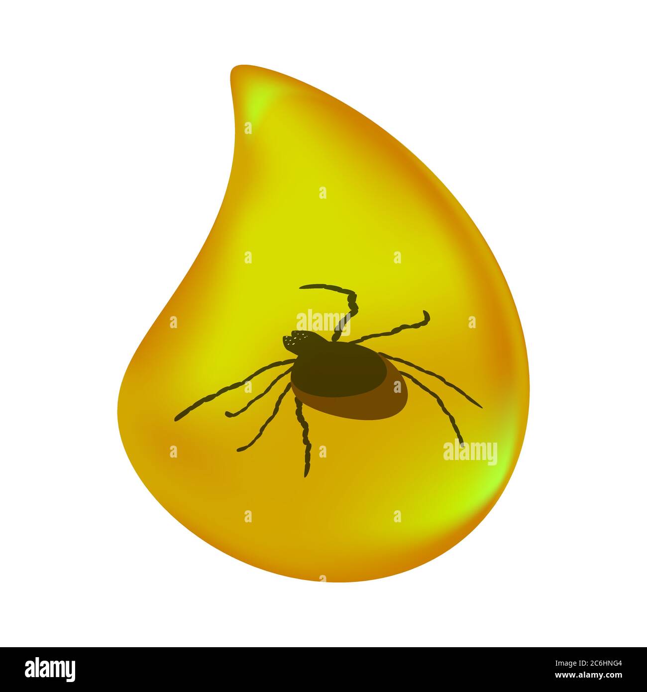 Insects in a drop of amber isolated on white background. Ancient amber midge inclusion. Piece of amber with a prehistoric tick inside. Stock vector Stock Vector