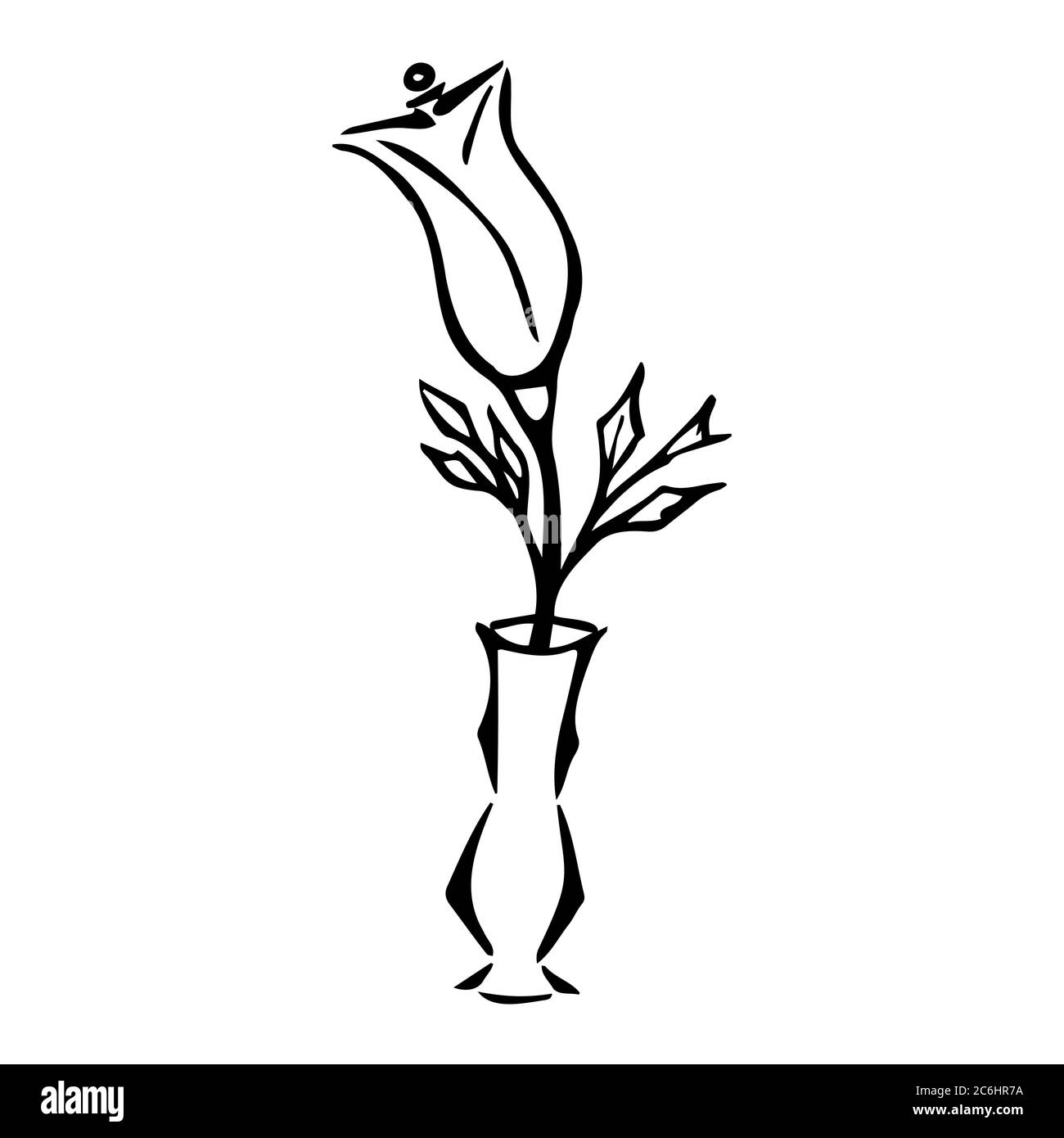 Hand drawn doodle stylized vase with flower. Contour sketch. Vector illustration isolated on white background. Decoration for cards, banner, posters, Stock Vector