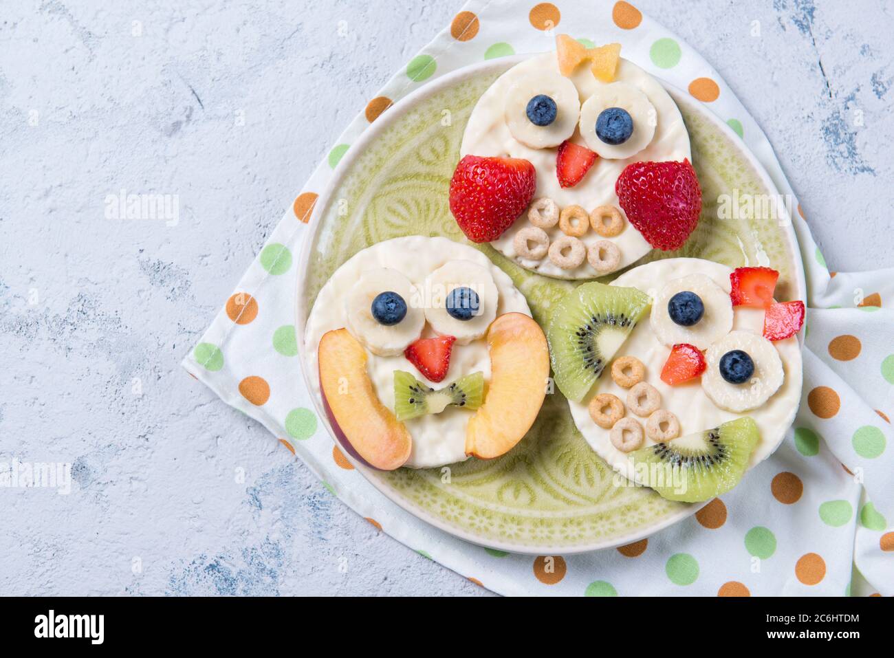 Rice cakes with yoghurt and fresh fruits in a shape of cute owls on a