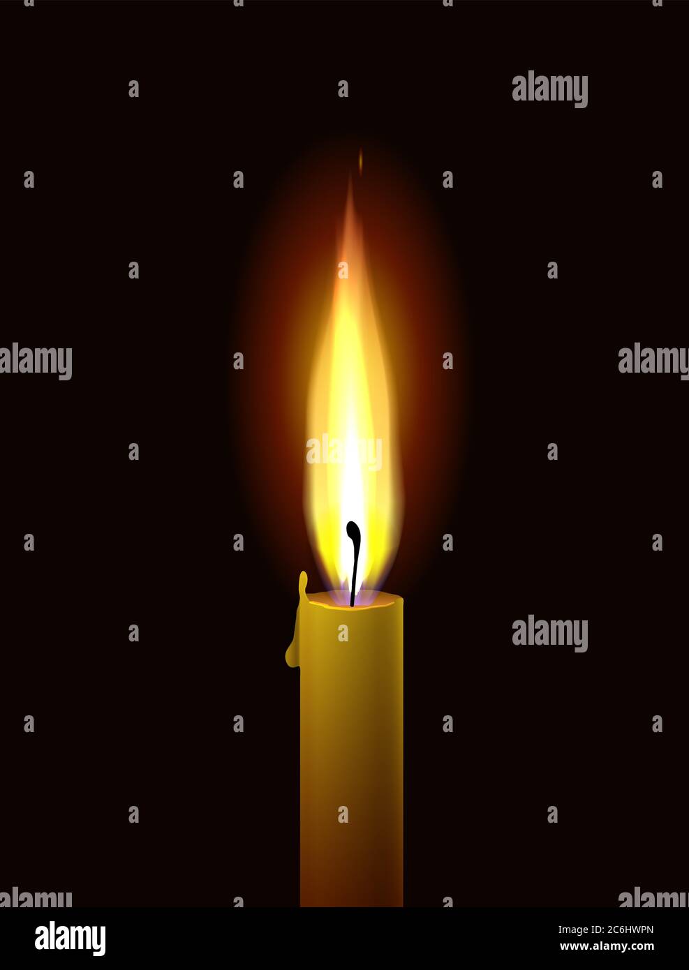 Candle flame. Realistic vector burning paraffin candle on a black