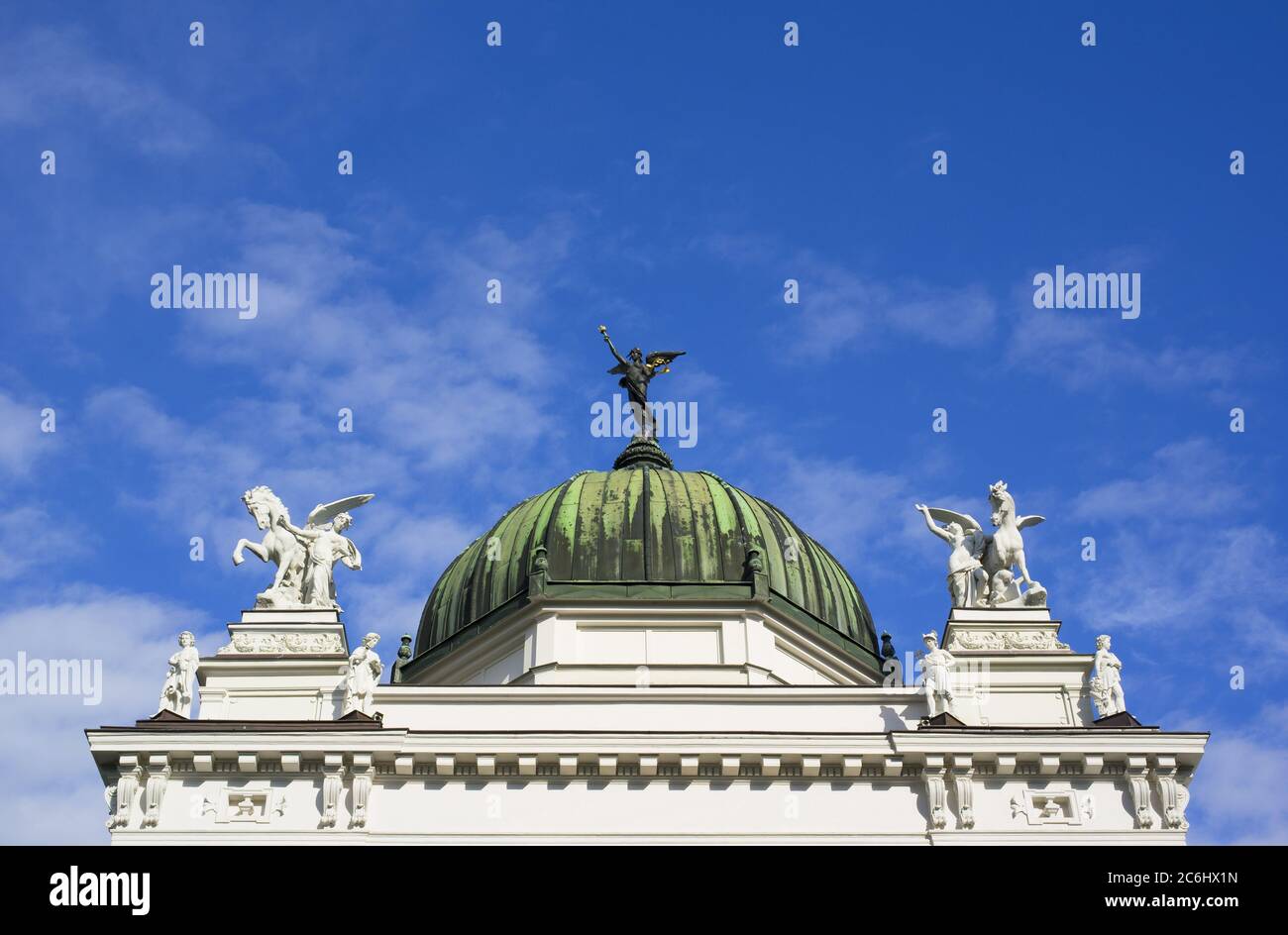 Silesian museum, Opava. Beautiful old historical building in classicist / renaissance style. Statue of Genius on the top of the dome. Symmetrical scul Stock Photo