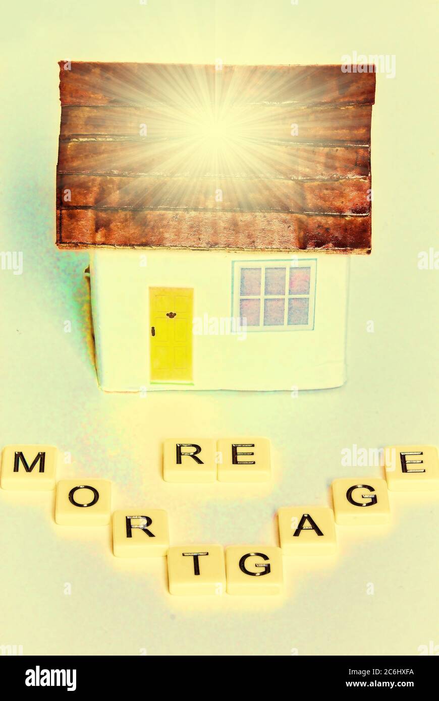 Financial concept image. Cost of  Covid 19 to economy and savings. need to re-mortgage, take money out of property to survive.  Words, 'Re, Mortgage', Stock Photo