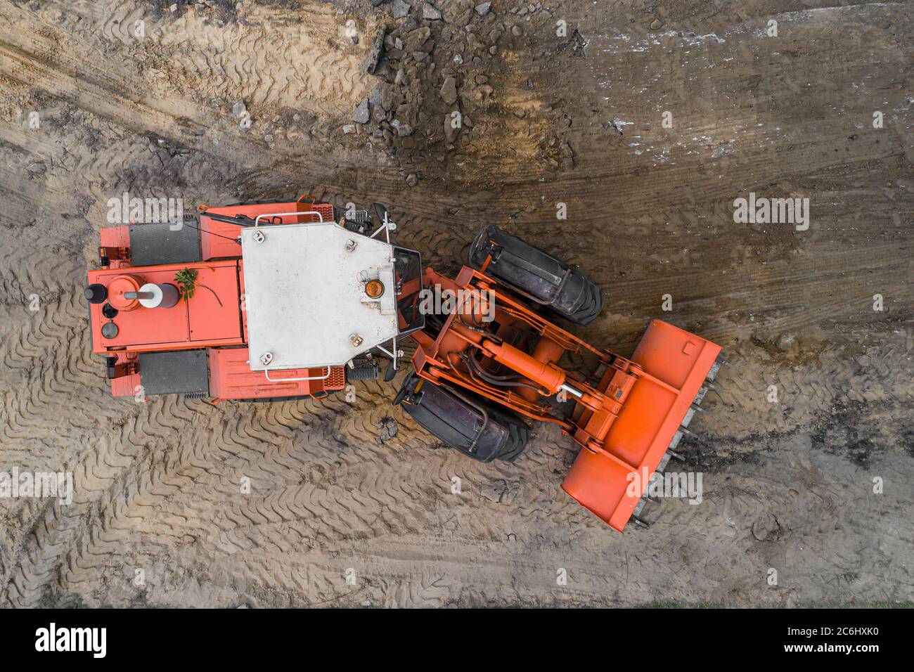 Grader repairs the road top view Stock Photo