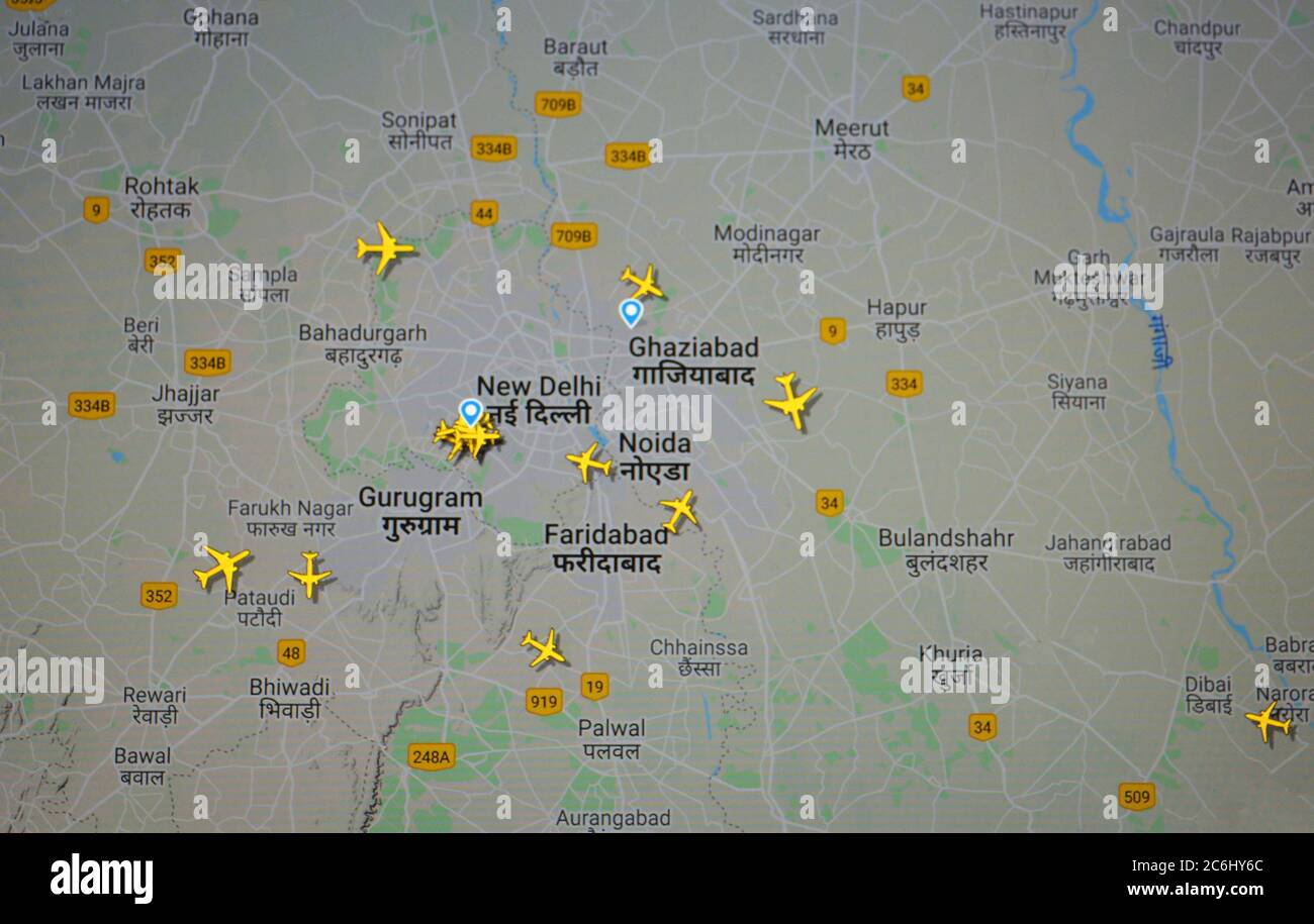 air traffic over New Deldi, India (10 july 2020, UTC 09.44) on Internet with Flightradar 24 site by Svenska Resenätverket AB Stock Photo