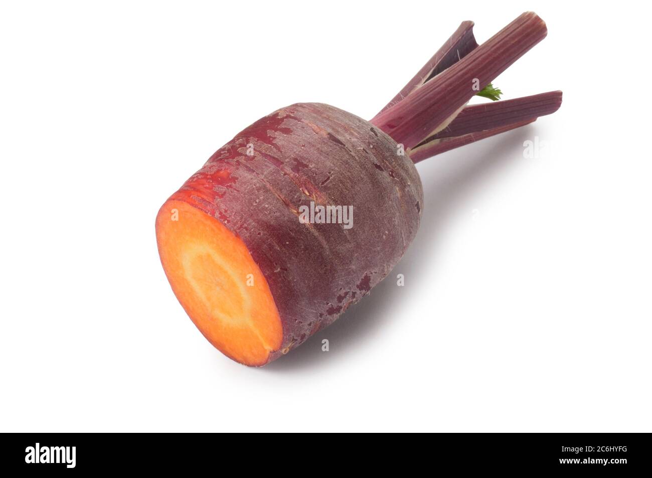 Studio shot of purple carrot cut against a white background - John Gollop Stock Photo