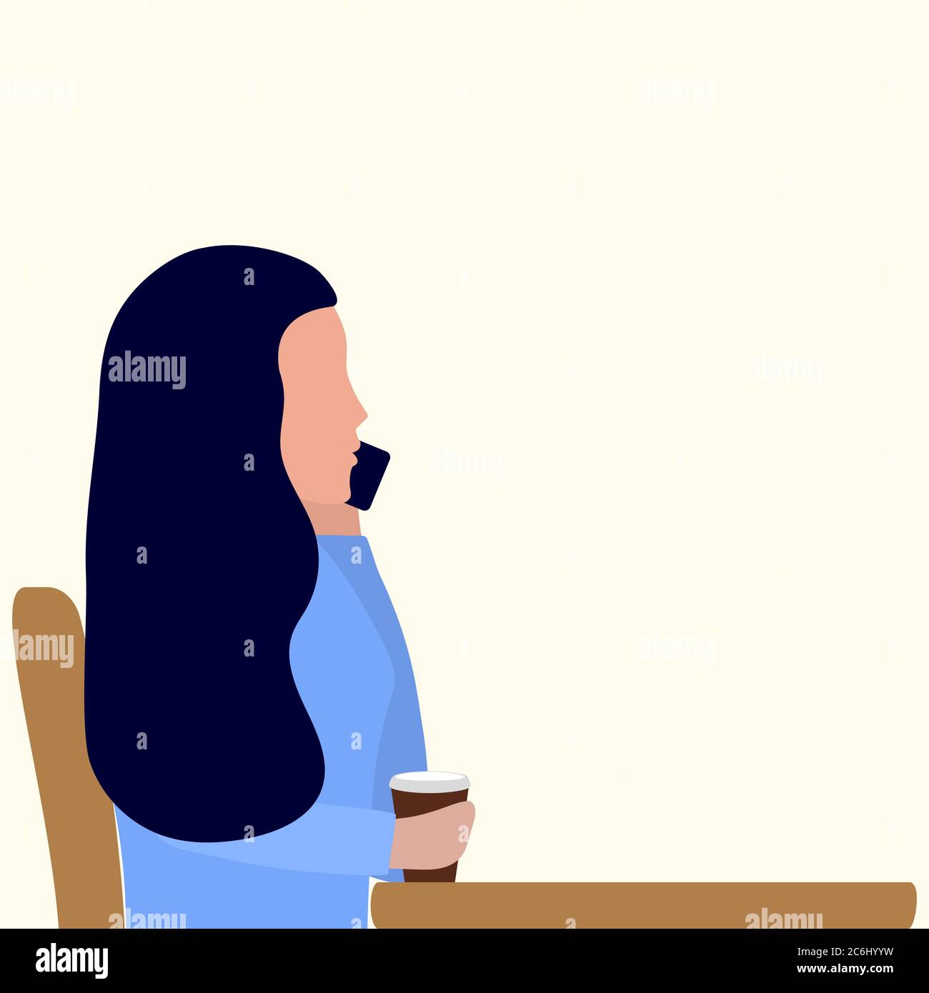 A woman is sitting at a table in a cafe and talking on a cell phone. Girl with coffee vector illustration, flat design, flat design Stock Vector