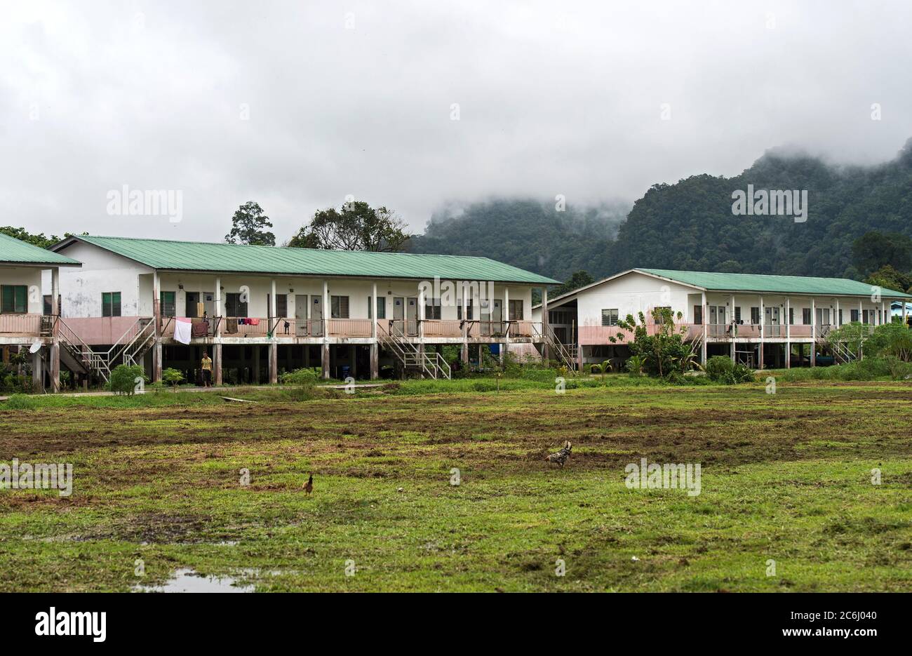 Government sponsored residential buildings of a resettlement project for the indigenous Penan people in a Penan Village near the Melinau River, Sarawa Stock Photo