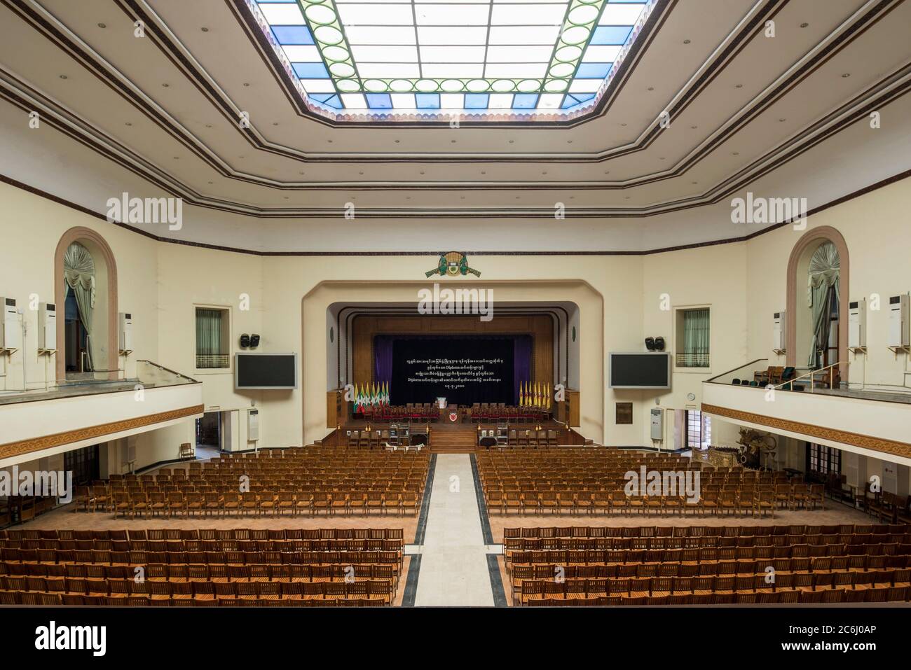 Interior of Convocation Hall lecture theatre, designed by Thomas Oliphant Foster. Yangon University, Yangon, Burma (Myanmar). Architect: various, 1927 Stock Photo