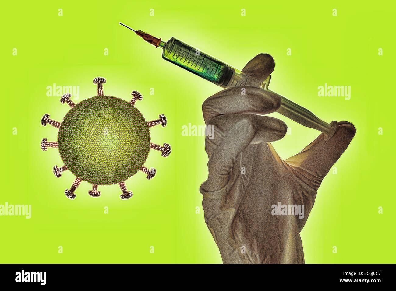 Covid coronovirus virus pandemic concept image. colourful and eye catching.  Gloved hand.  Doctor or Nurse. Vaccine being given via syringe with fluid Stock Photo