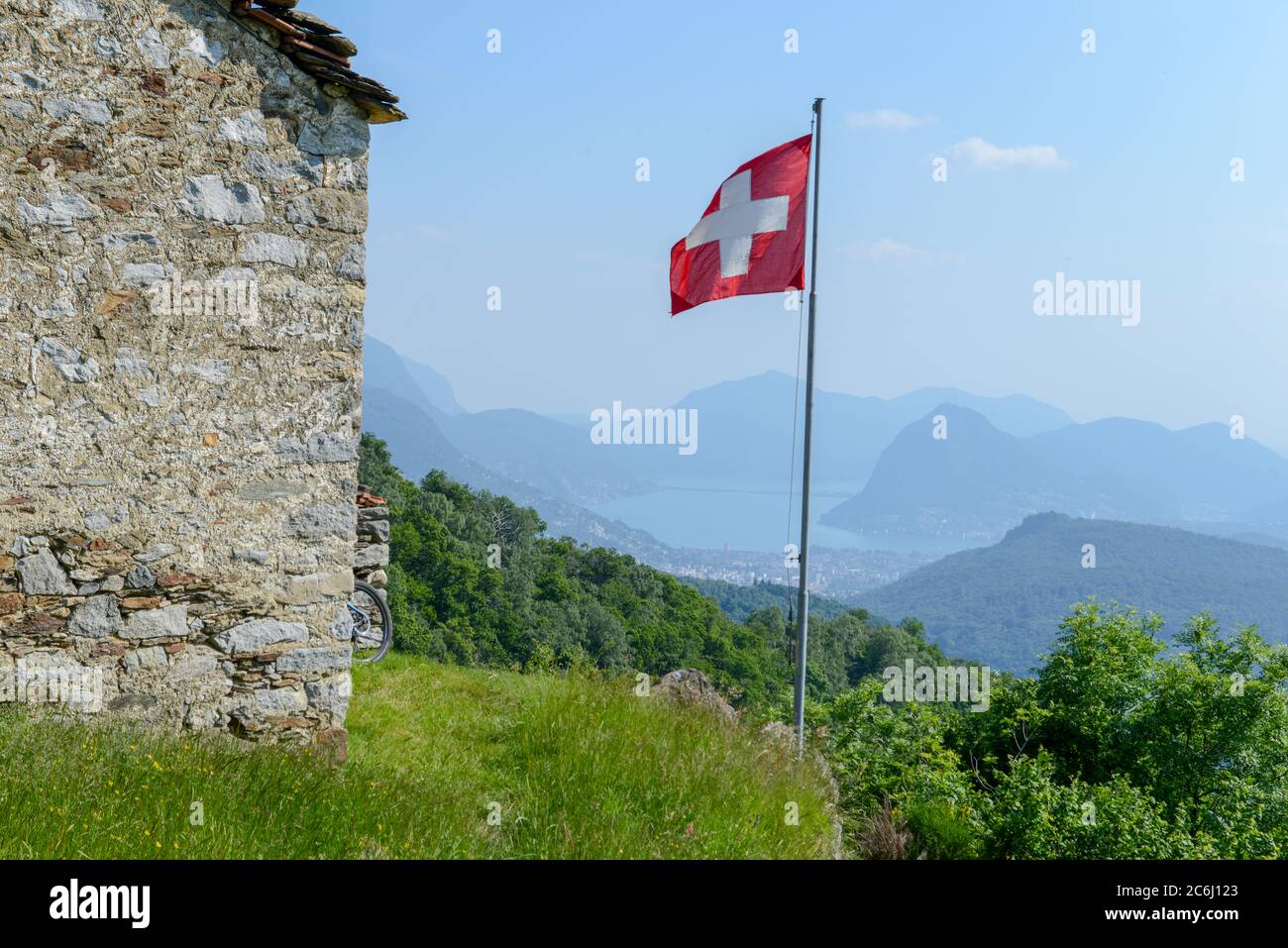 Landscape with rural house at Capriasca valley over Lugano on the Swiss ...