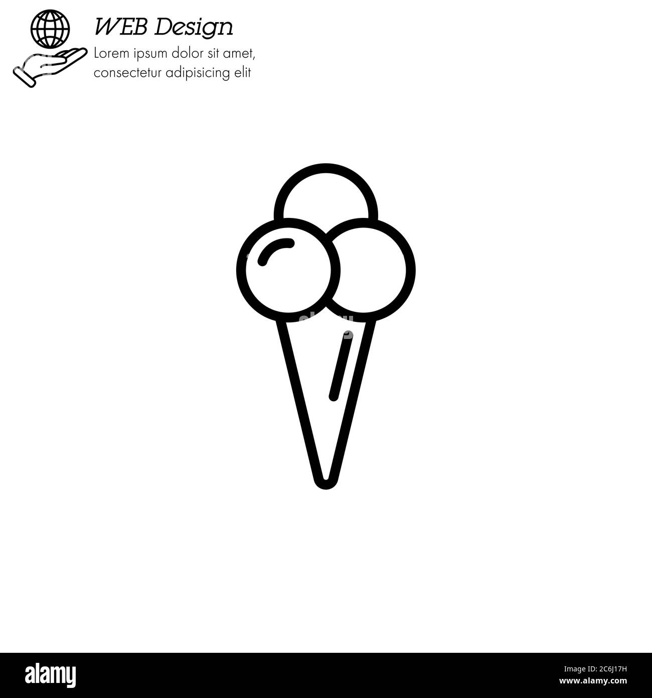 Ice cream in waffle cone in shape three balls icon thin line, linear, outline. Simple sign, logo Stock Vector