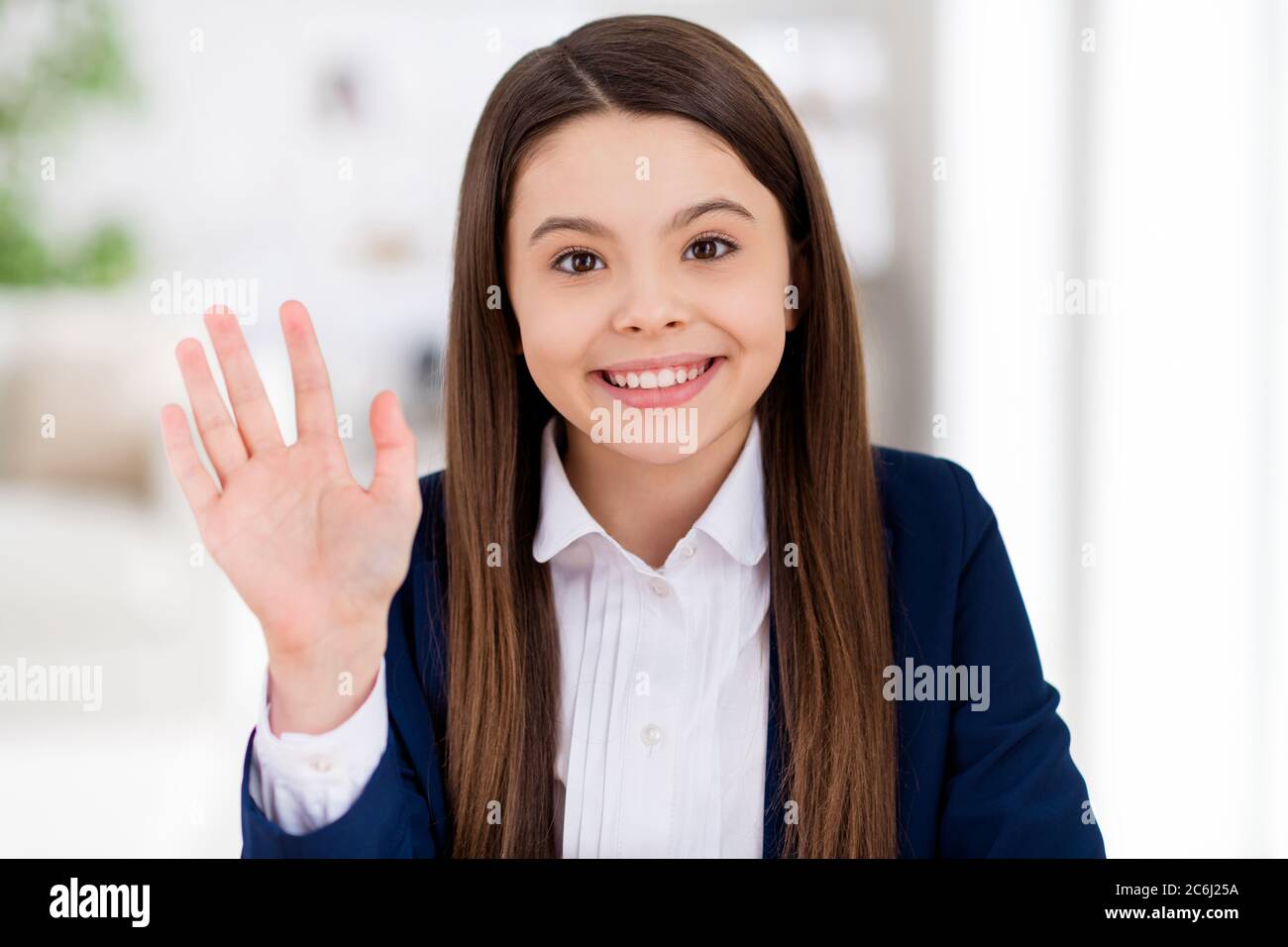 Closeup photo of little pretty cheerful student school girl sitting ...