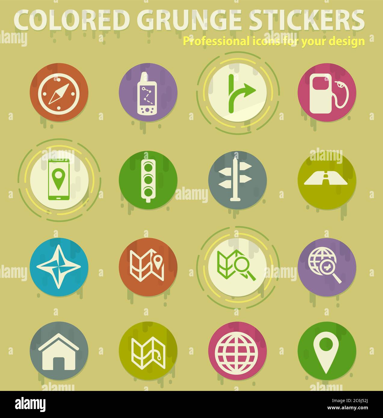 Navigation colored grunge icons Stock Vector