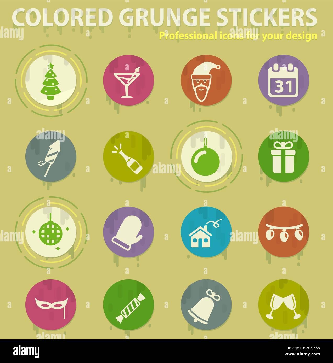 New year colored grunge icons Stock Vector