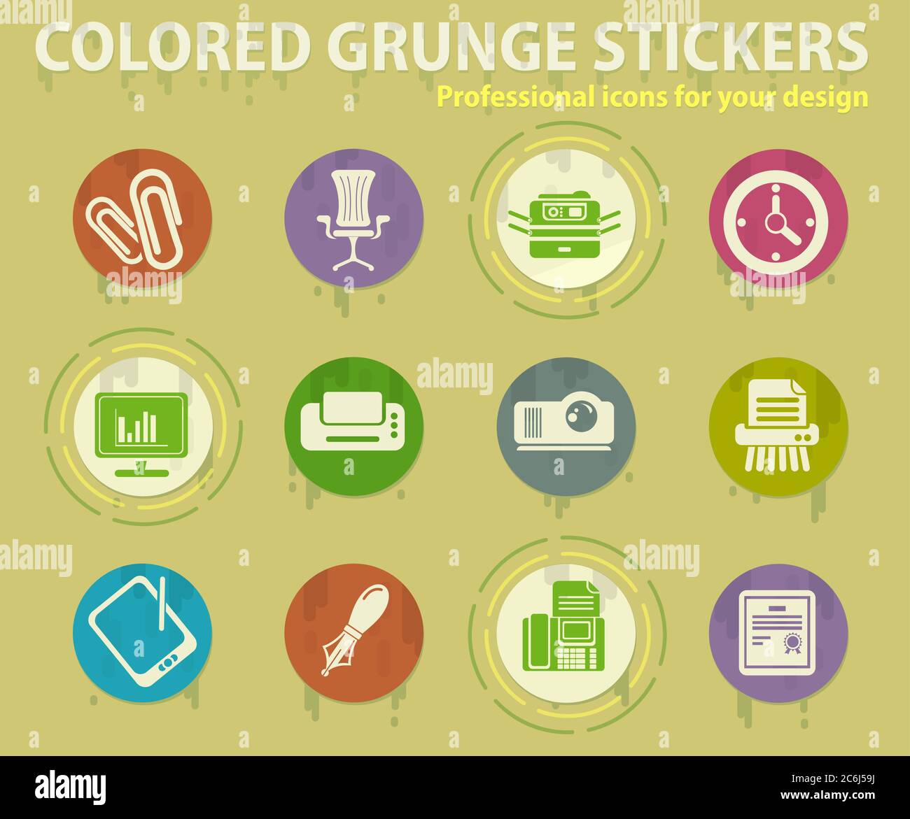 Office colored grunge icons Stock Vector