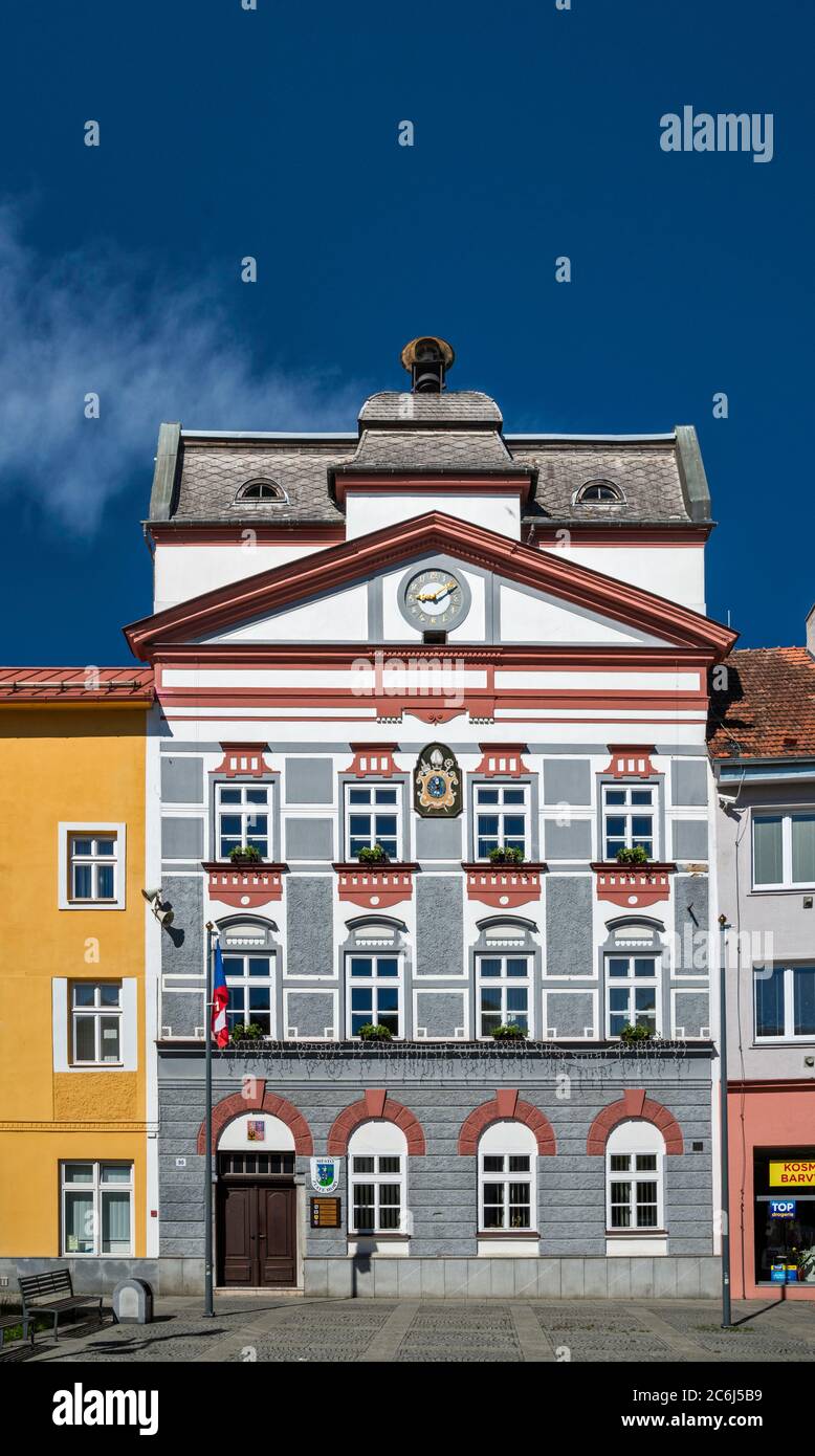 Town Hall, 18th century, baroque style, in Zlate Hory, Czech Silesia, Olomouc Region, Czech Republic Stock Photo