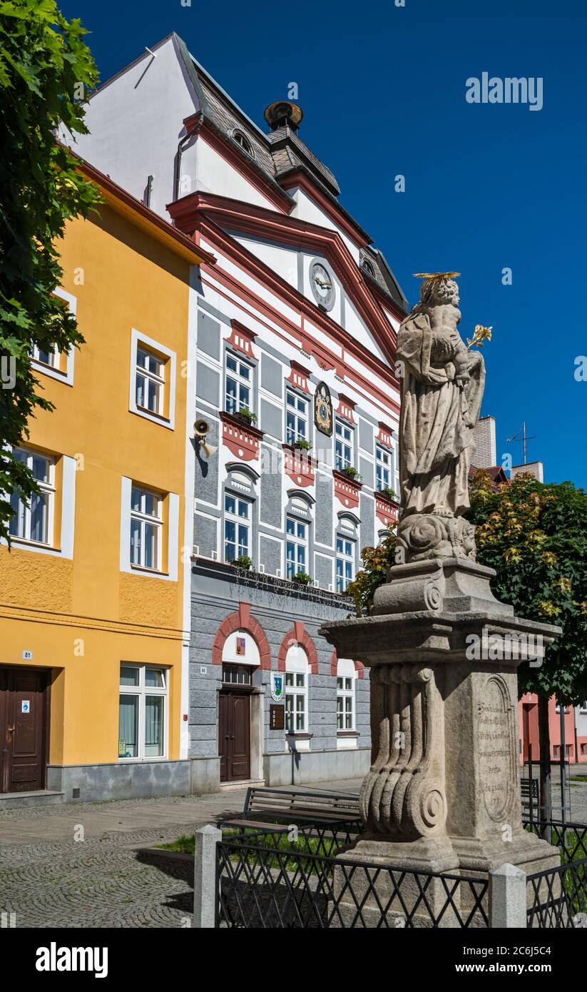 Saint Joseph with Infant Jesus statue, Town Hall, in Zlate Hory, Czech Silesia, Olomouc Region, Czech Republic Stock Photo