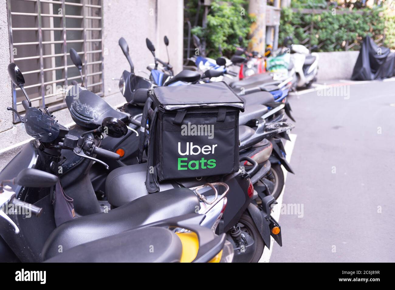 Taipei, Taiwan - April , 2020 : Uber Eats box on a motocycle 