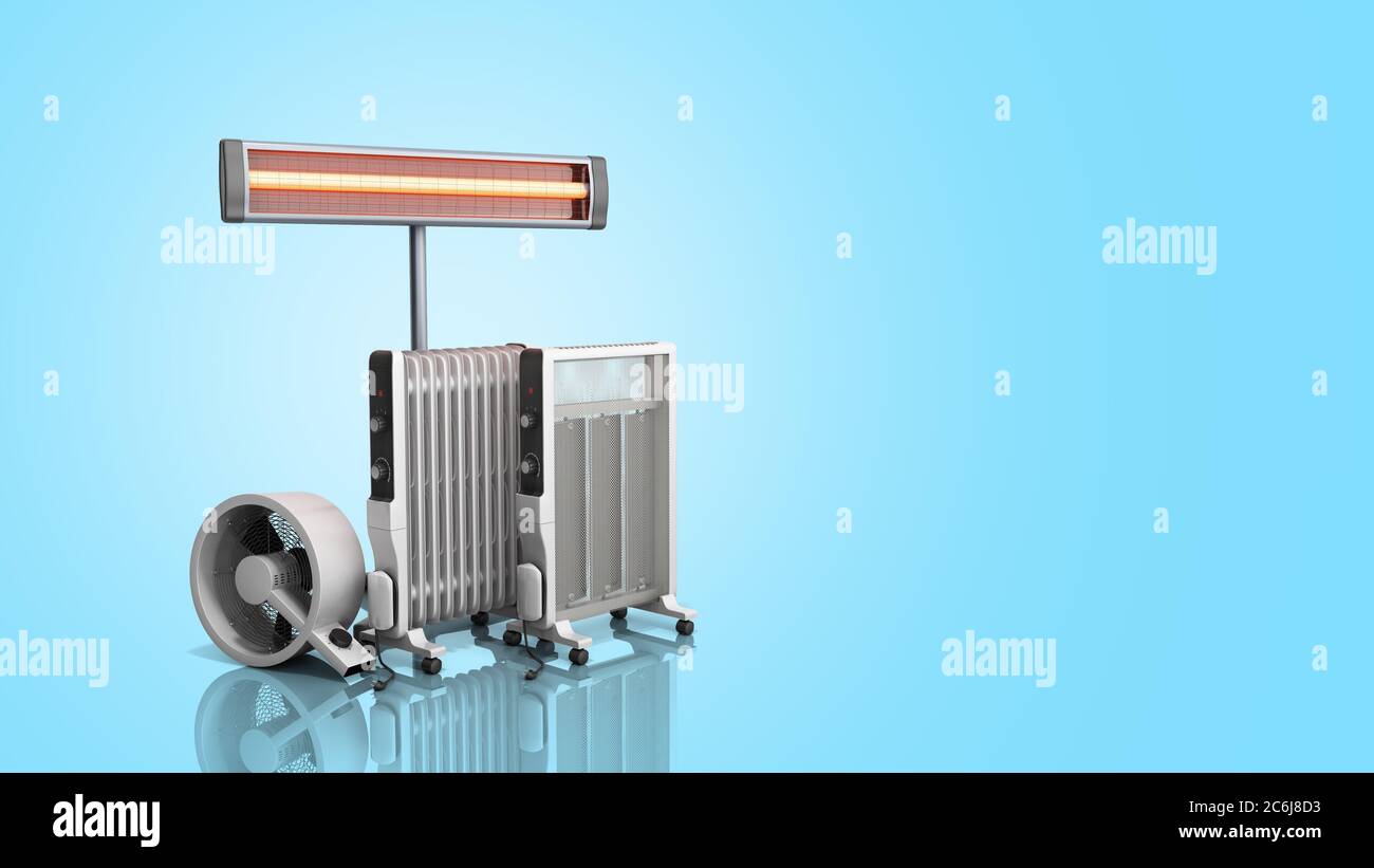 Heating devices Convection fan oil-filled and infrared heaters 3D rendering on blue Stock Photo