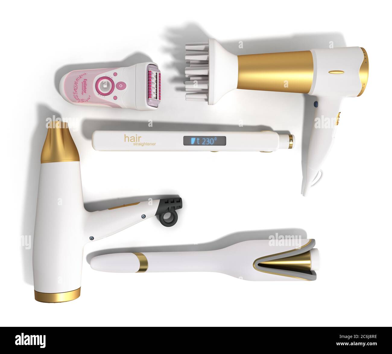 set of equipment for hair care hair dryer epilator curling iron hair  straightener 3d render on white Stock Photo - Alamy