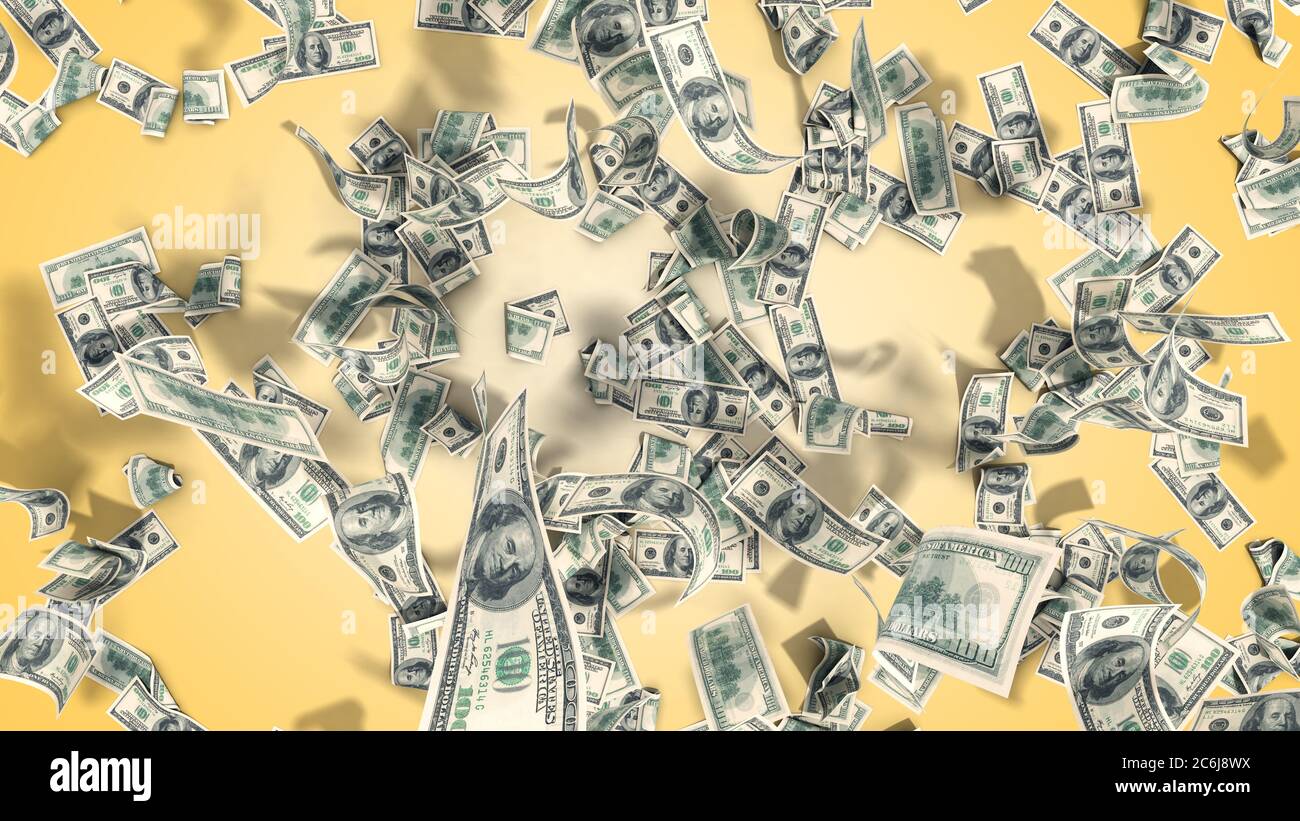 hundred dollar banknotes fall on graund on yellow background Stock ...