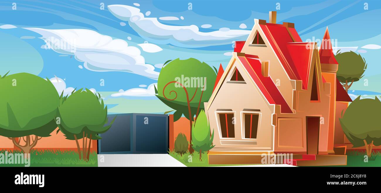 House cartoon cottage. Vector illustration. Country home. Closed courtyard, fenced garden. Clouds sky Funny landscape. Stock Vector