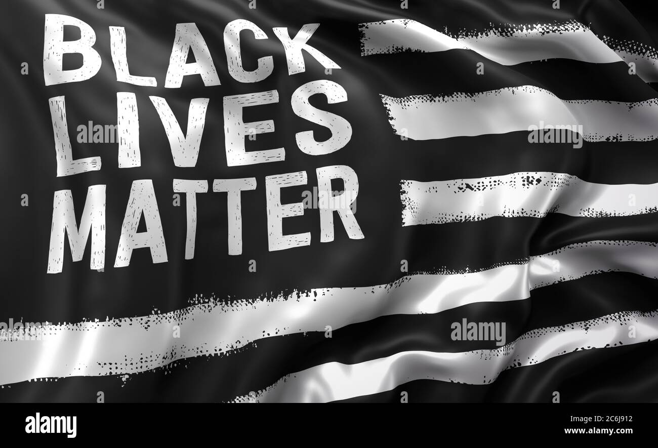 Black lives matter flag blowing in the wind. Full page flying flag. 3D illustration. Stock Photo