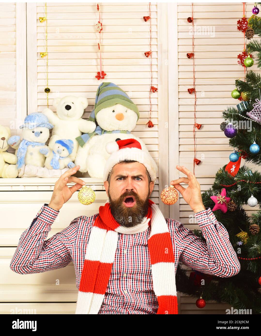 Festivals and decor concept. Santa Claus with angry face by wooden wall, bureau Christmas tree on background. Man with beard holds Christmas balls as earrings. Guy plays with fir tree decorations Stock Photo