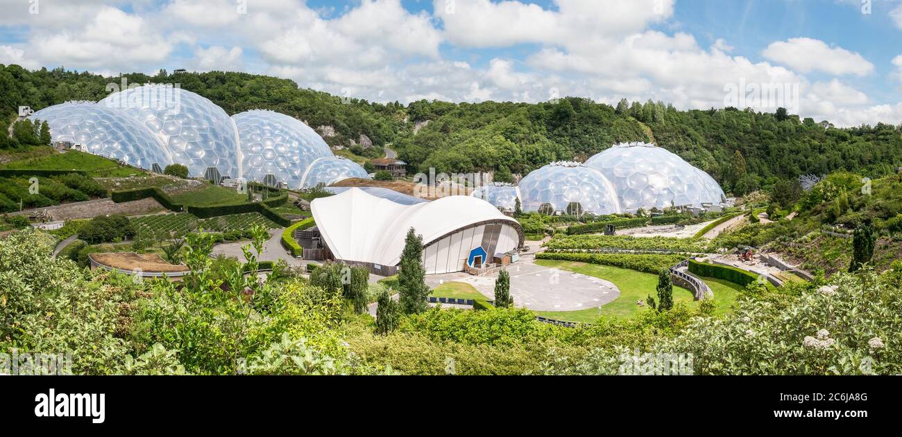 A panoramic view of the Eden Project near St Austell in Cornwall. Stock Photo