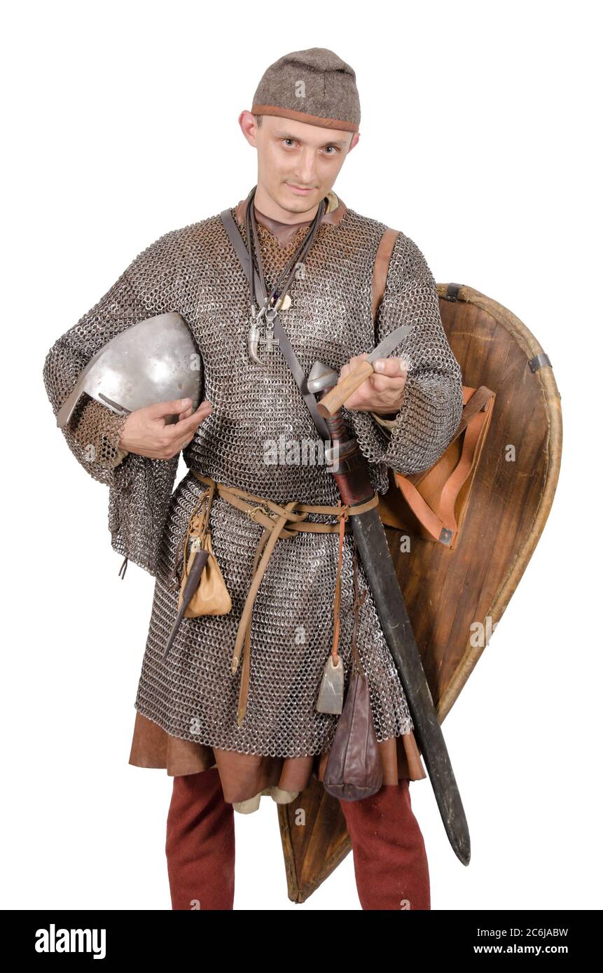 Norman knight dressed warrior 2nd half of the 11th century. Isolated on white Stock Photo