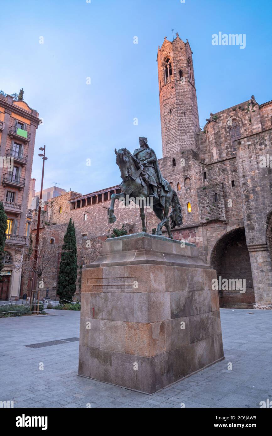 Barcelona - The memorial of Ramon Berenguer III on the Placa del Rei square. Stock Photo