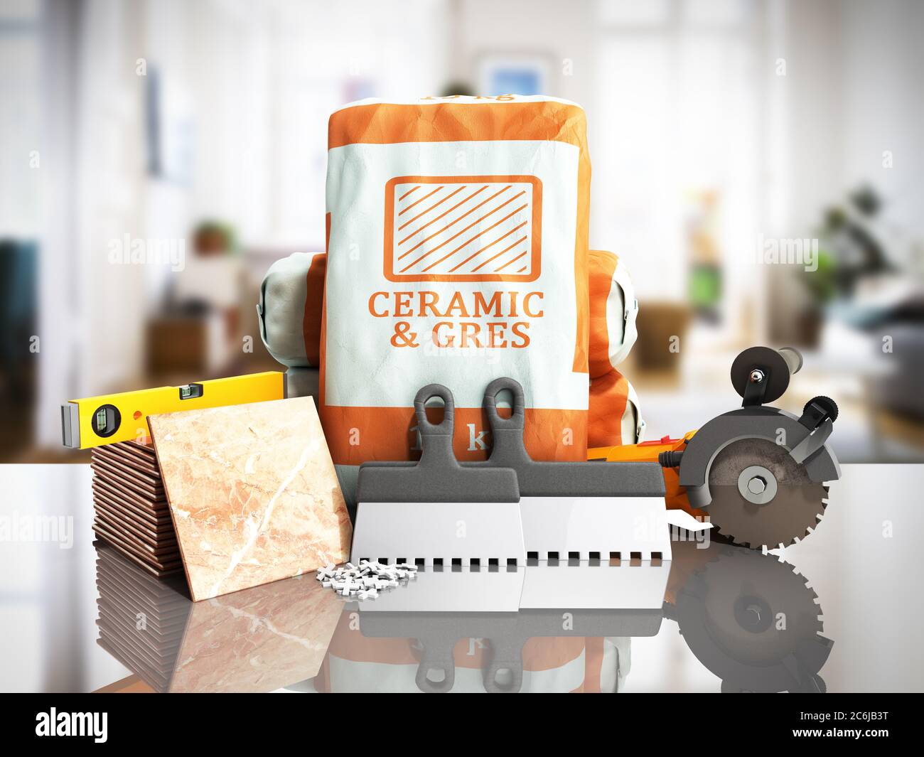 tile adhesive in the package ceramic glue tile laying tools 3d render