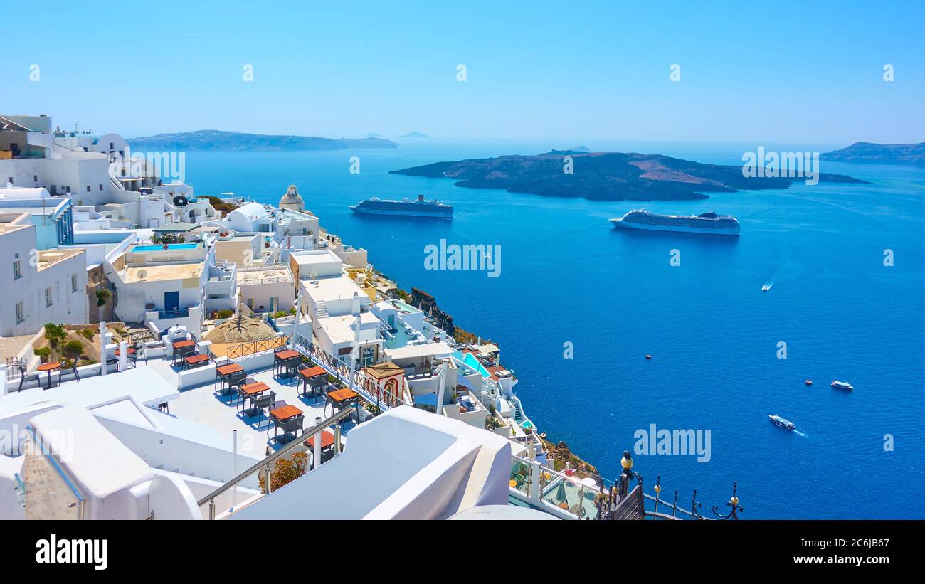 Fira (Thera) town on the coast of Santorini island in Greece. Picturesque greek landscape Stock Photo
