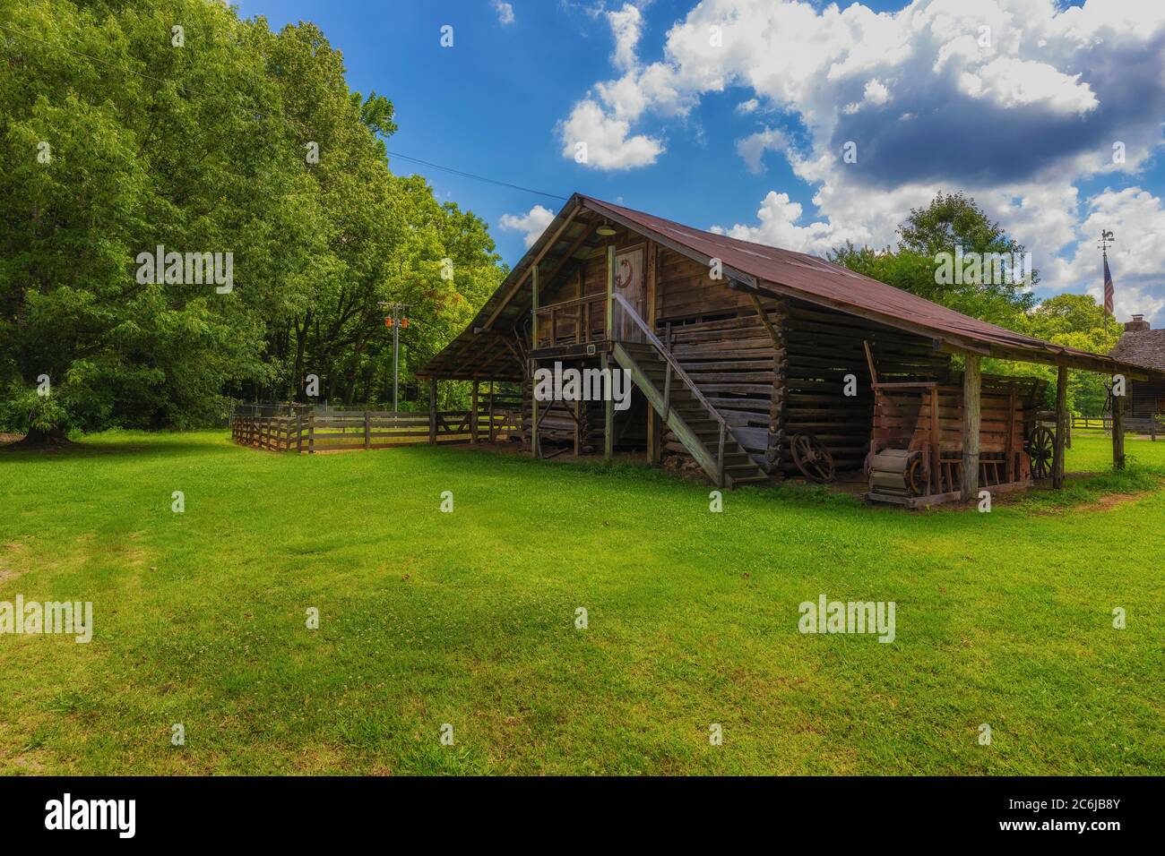 French Camp, Mississippi, USA June 18, 2020 An old log barn on the