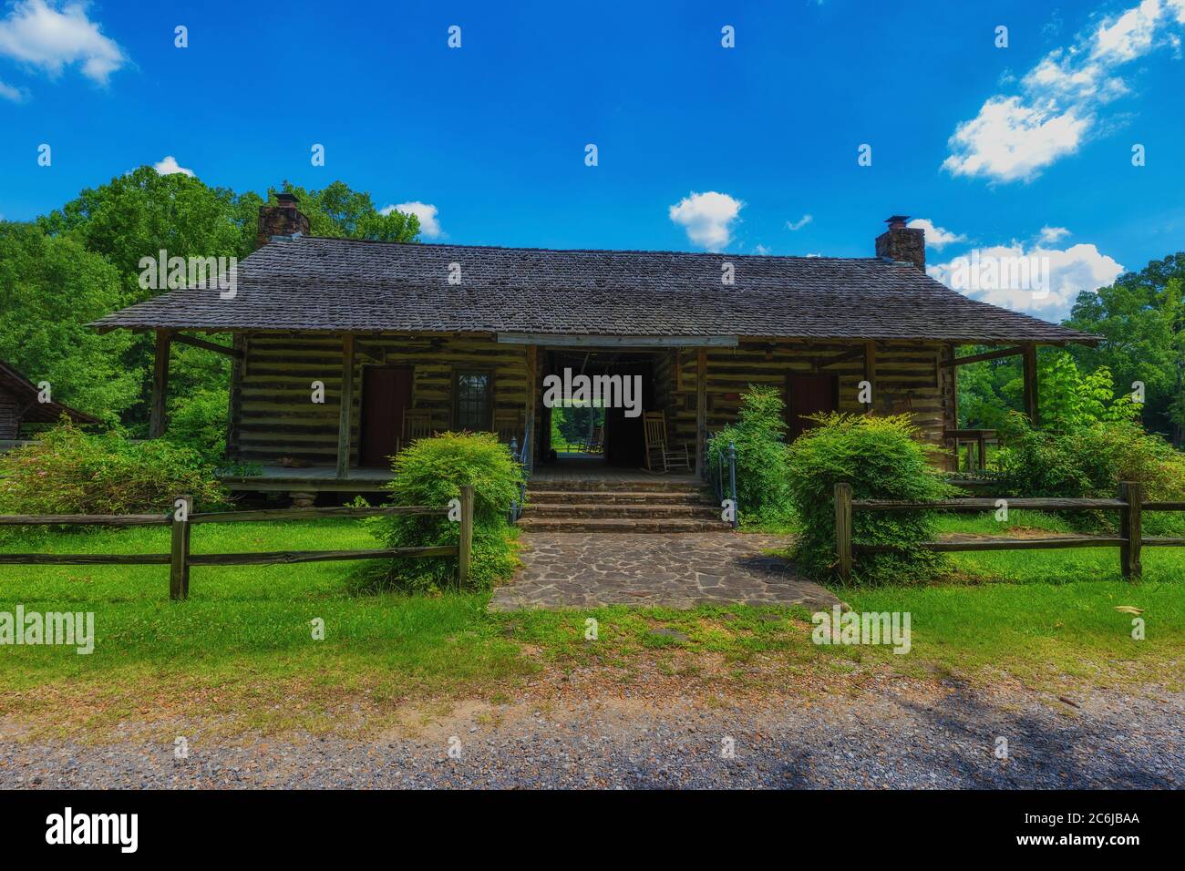 French Camp, Mississippi, USA June 18, 2020 A log cabin housing the